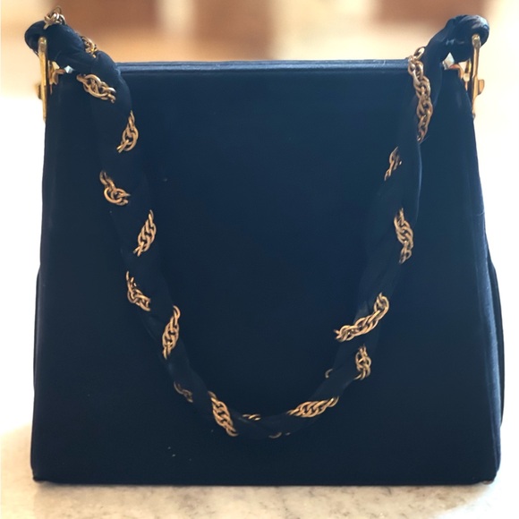 VTG Satchel Black velvety suede Custom Made by Calem Gold Chain Accent Handbag - Picture 11 of 13